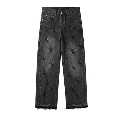 Men Streetwear Wide-Leg Jeans Black Gray Wash with 3D Pinched Pleats