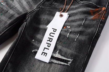 Men Streetwear Skinny Jeans Dark Gray Wash with Distressed Rips and Multi-Color Paint Splatter 9018
