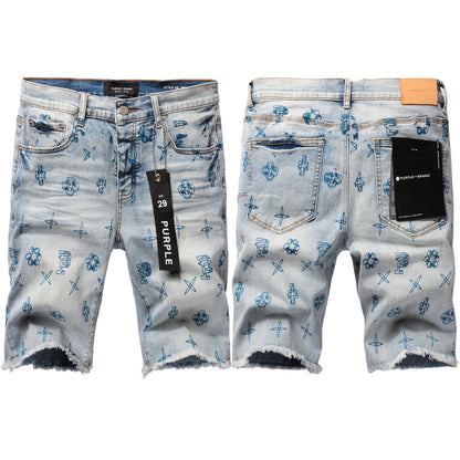 Men Streetwear Denim Shorts Light Blue Wash with Blue Graphic Print and Raw Hem 5063
