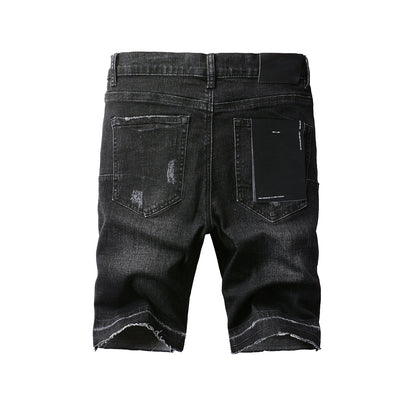 Men Streetwear Denim Shorts Black Wash with Distressed Rips and Raw Hem 5083