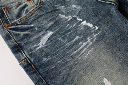 Men Streetwear Skinny Jeans Light Blue Wash with White Paint Brush Strokes 9060