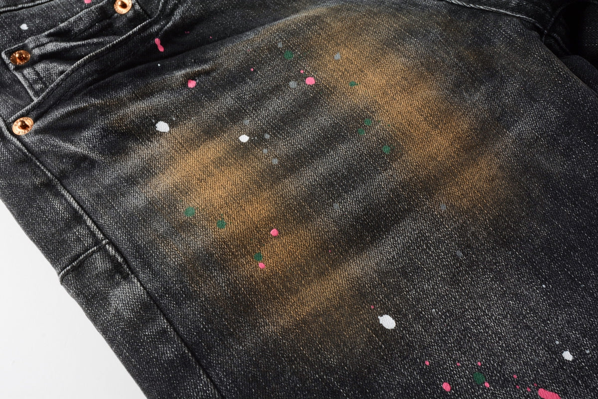 Men’s Black Skinny Jeans with Rust-Toned Wash and Multicolor Paint Splatter Artistic Distressed Street 9109