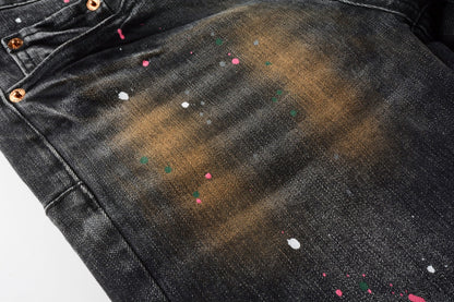 Men’s Black Skinny Jeans with Rust-Toned Wash and Multicolor Paint Splatter Artistic Distressed Street 9109