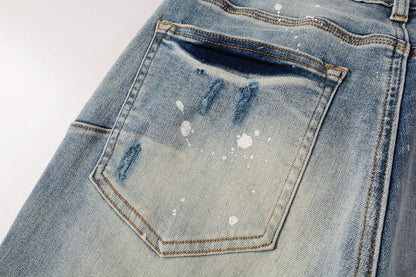 Men Streetwear Skinny Jeans Light Blue Wash with Heavy Distressed Rips and White Paint Splatter 9003
