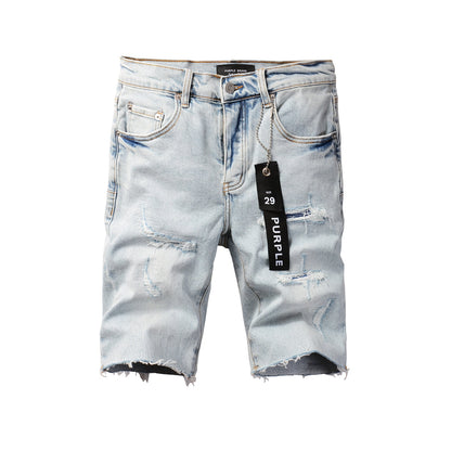 Men Streetwear Denim Shorts Light Blue Wash with Distressed Rips and Raw Hem 5088