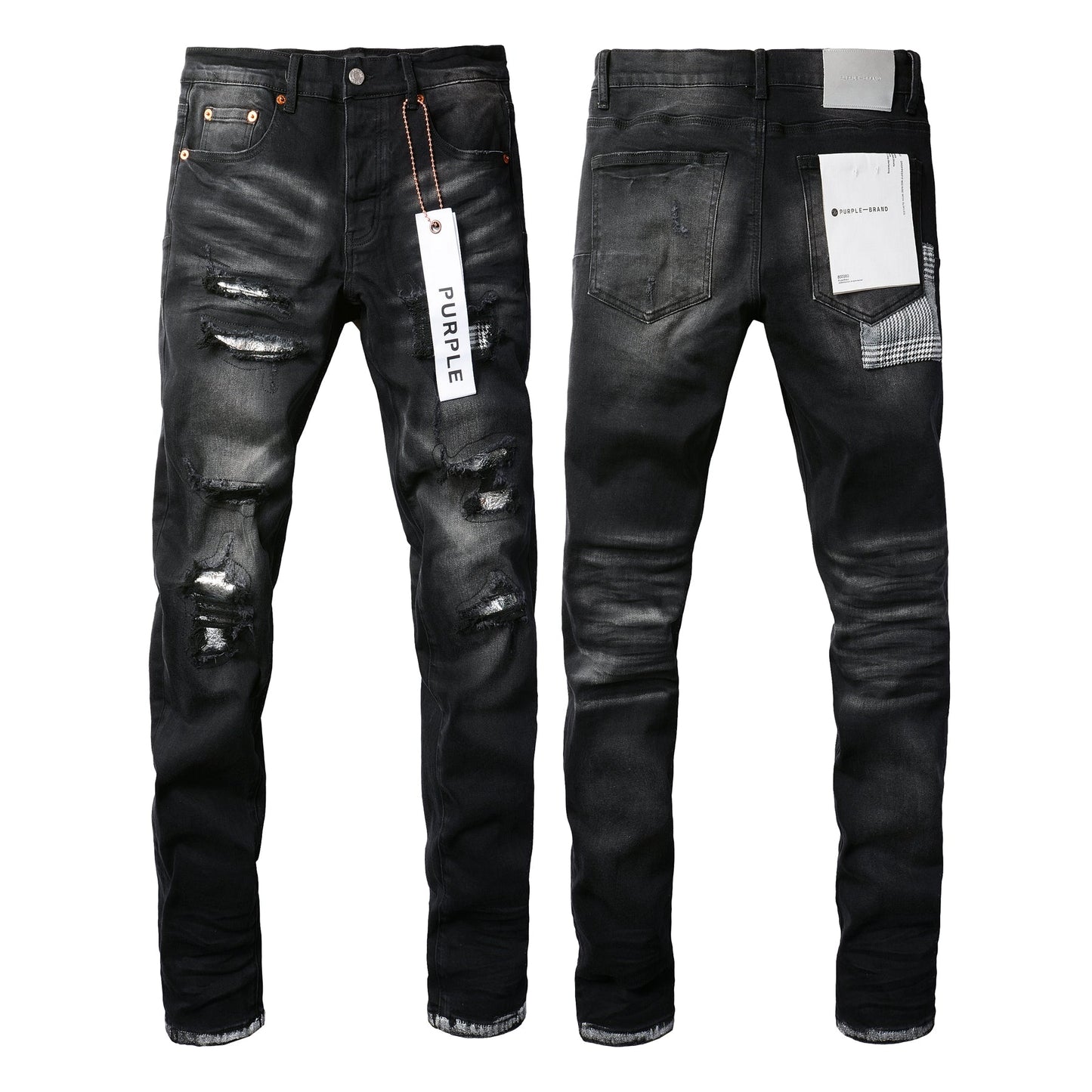 Men Streetwear Skinny Jeans Black Wash with Distressed Rips, Checkered Patches and White Paint Splatter 9001