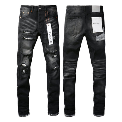 Men Streetwear Skinny Jeans Black Wash with Distressed Rips, Checkered Patches and White Paint Splatter 9001