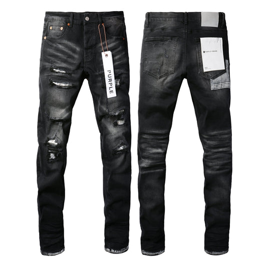 Men Streetwear Skinny Jeans Black Wash with Distressed Rips, Checkered Patches and White Paint Splatter 9001