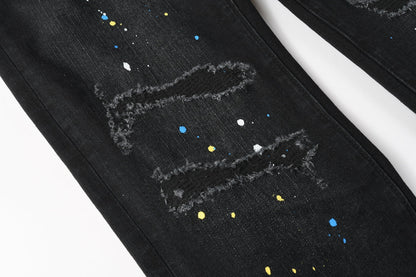 Men Streetwear Skinny Jeans Black Wash with Distressed Details and Multi - Color Paint Splash 9121