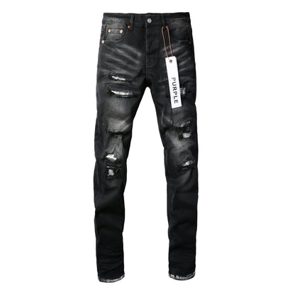 Men Streetwear Skinny Jeans Black Wash with Distressed Rips, Checkered Patches and White Paint Splatter 9001