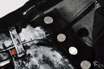 Men Streetwear Skinny Jeans Black and White Graffiti Wash with Multi - Color Paint Accents 9020