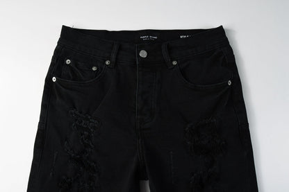 Men Streetwear Black Denim Shorts with Distressed Ripped Details and Raw Hem 5108