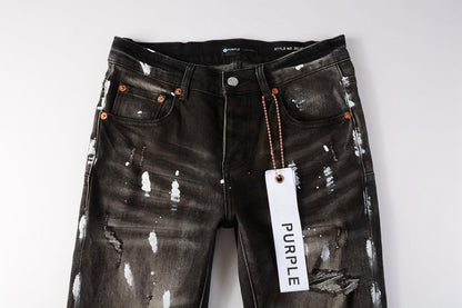 Men Streetwear Skinny Jeans Dark Gray Wash with White Paint Splatter and Distressed Rips 9030