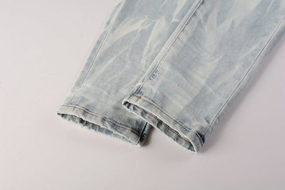 Men Streetwear Skinny Jeans Light Blue Wash with White Brushstroke Texture 7017