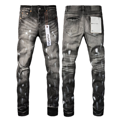 Men Streetwear Skinny Jeans Dark Gray Wash with White Paint Splatter and Distressed Rips 9032