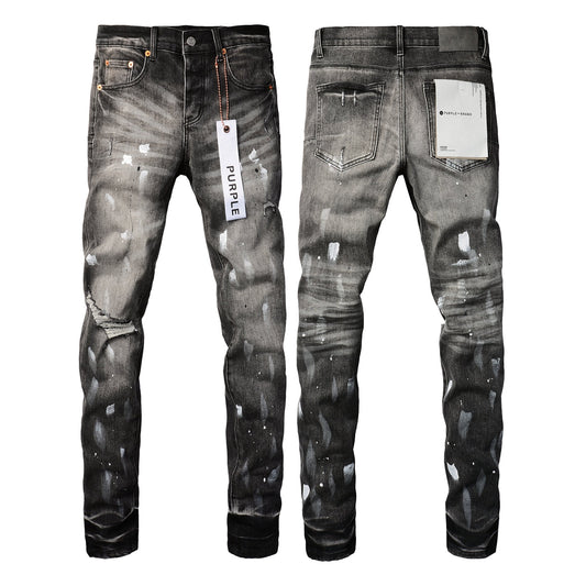 Men Streetwear Skinny Jeans Dark Gray Wash with White Paint Splatter and Distressed Rips 9032