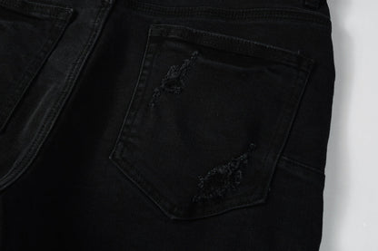 Men Streetwear Black Denim Shorts with Distressed Ripped Details and Raw Hem 5108