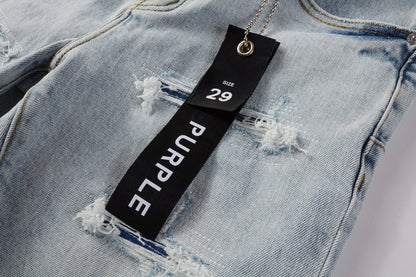 Men Streetwear Denim Shorts Light Blue Wash with Distressed Rips and Raw Hem 5088
