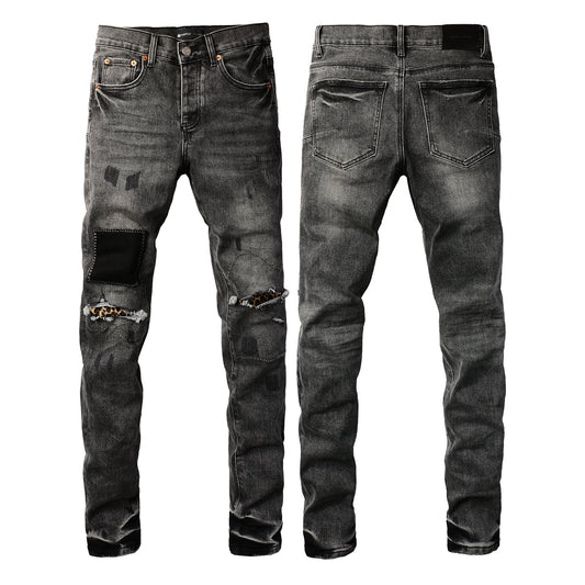 Men Classic Streetwear Jeans Distressed Grey Ripped skinny Fit 9103