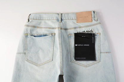 Men Streetwear Denim Shorts Light Blue Wash with Colorful Patched Rips and Raw Hem 5067
