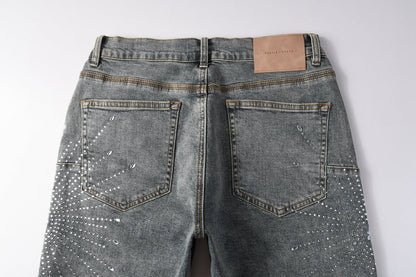 Men Streetwear Light Blue Denim Shorts with Radial White Rhinestone Designs 5093