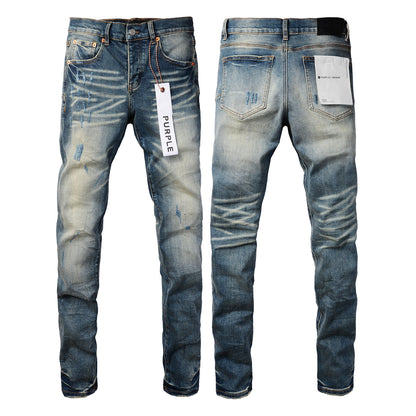 Men Streetwear Skinny Jeans Light Blue Wash with Vintage Faded Wash and Subtle Distress 9055