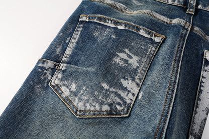 Men Streetwear Skinny Jeans Dark Blue Wash with White Brushstroke Distress 9040