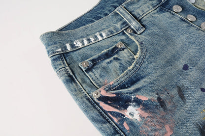 Men Streetwear Skinny Jeans Light Blue Wash with Multi-Color Paint Splatter and Distressed Rips 9072