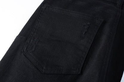 Men Streetwear Skinny Jeans Black Wash with Distressed Rip Details 9022