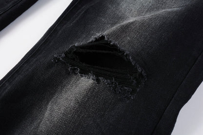 Men Streetwear Skinny Jeans Black Fade Wash with White Paint Splatter and Distressed Rips 9002