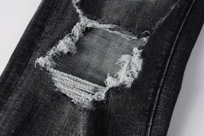 Men Streetwear Skinny Jeans Dark Gray Wash with Heavy Distressed Ripped Details 9079