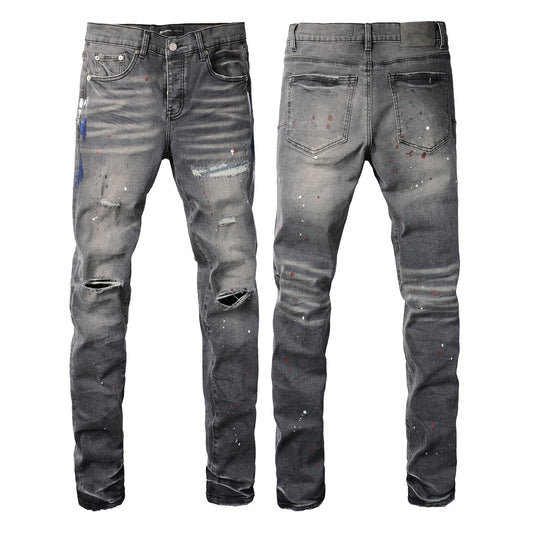 Men Streetwear Distressed Grey Skinny Jeanswith Color Paint Splatter and Knee Rips 9107