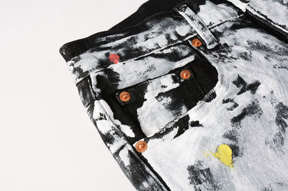 Men Streetwear Skinny Jeans Black and White Graffiti Wash with Multi - Color Paint Accents 9020