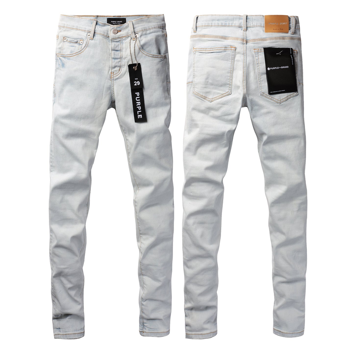 Men Streetwear Skinny Jeans Light Gray Wash with Minimalist Style and Tag Accent 9081