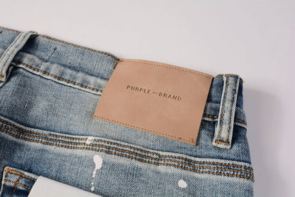 Men Streetwear Skinny Jeans Light Blue Wash with Heavy Distressed Rips and White Paint Splatter 9003