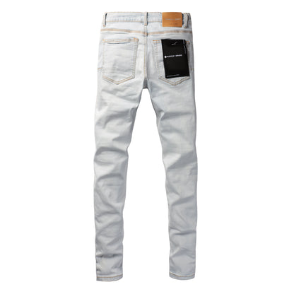 Men Streetwear Skinny Jeans Light Gray Wash with Minimalist Style and Tag Accent 9081