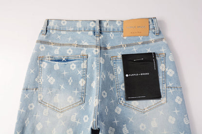 Men Streetwear Denim Shorts Light Blue Wash with White Geometric Print and Raw Hem 5089