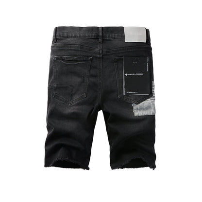 Men Streetwear Denim Shorts Black Wash with Distressed Rips and Plaid Patches 5001