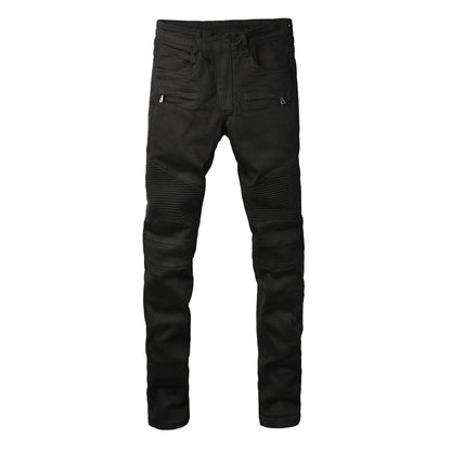 Men Streetwear Biker Skinny Jeans Black with Knee Pleats and Zipper Pockets 0964