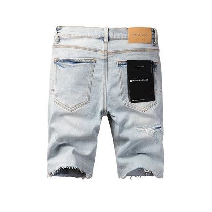 Men Streetwear Denim Shorts Light Blue Wash with Distressed Rips and Raw Hem 5088