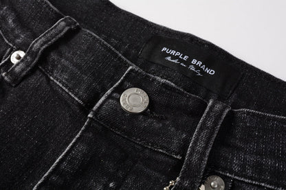 Men Streetwear Denim Shorts Black Wash with Colorful Feather Print and Raw Hem 5085