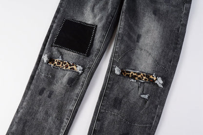 Men Classic Streetwear Jeans Distressed Grey Ripped skinny Fit 9103