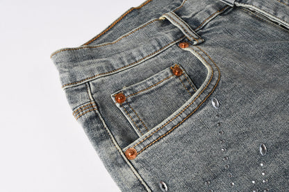 Men Streetwear Light Blue Denim Shorts with Radial White Rhinestone Designs 5093