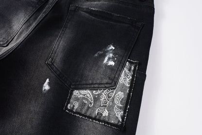 Men Streetwear Jeans Distressed Black Paint Splash Patch Ripped skinny 9099