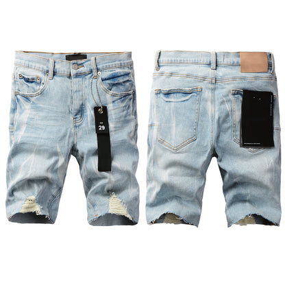 Men Streetwear Denim Shorts Light Blue Wash with White Distressed Patches and Raw Hem 5069