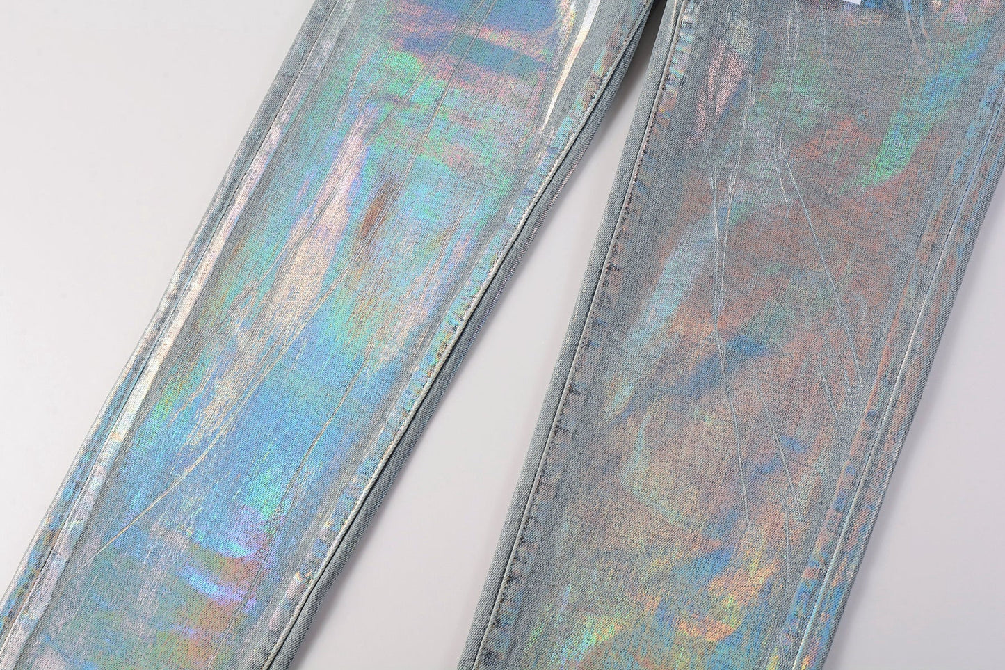 Men Streetwear Skinny Jeans Light Blue Wash with Holographic Iridescent Finish 9005
