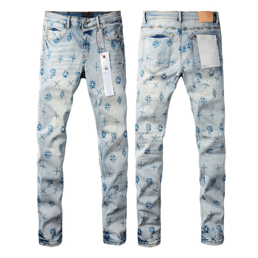 Men Streetwear Skinny Jeans Light Blue Wash with White Paint Brush Strokes 9063