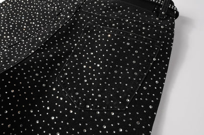 Men Streetwear Black Denim Shorts with Allover Rhinestone Studs and Zipper Details 5095