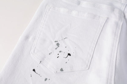 Men Streetwear Skinny Jeans White Wash with Black Paint Splatter and Distressed Rip 9021