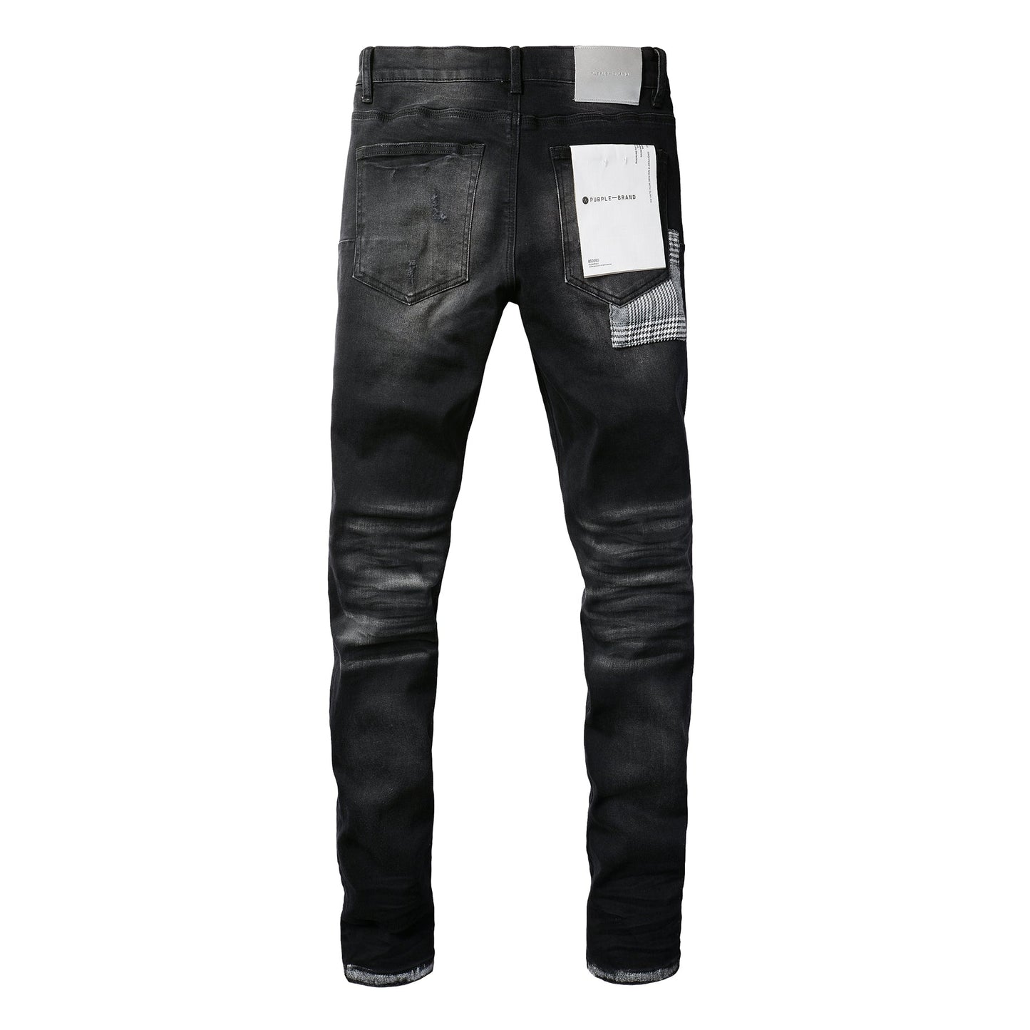 Men Streetwear Skinny Jeans Black Wash with Distressed Rips, Checkered Patches and White Paint Splatter 9001
